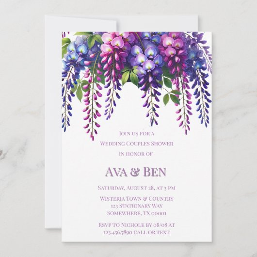 紫とピンクの藤結婚のカップルのシャワー 招待状 (正面)
