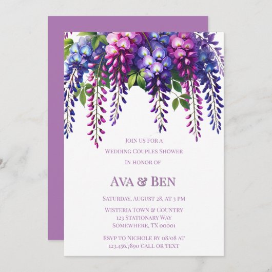 紫とピンクの藤結婚のカップルのシャワー 招待状 (正面/裏面)