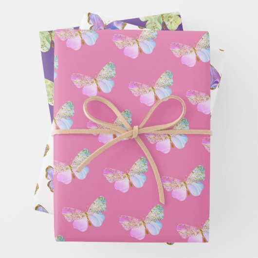 紫とピンクの蝶をテーマにしたギフト ラッピングペーパーシート (インサイチュ)