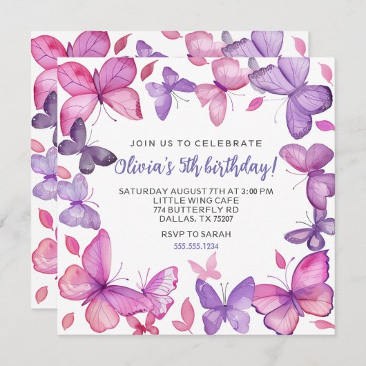 紫とピンクの蝶ガールズ誕生日 招待状 (正面/裏面)