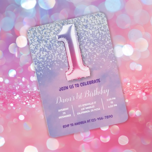 紫とピンクの誕生日バルーン 招待状