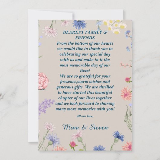 紫とピンクの野生の花が結婚式を彩る サンキューカード (裏面)