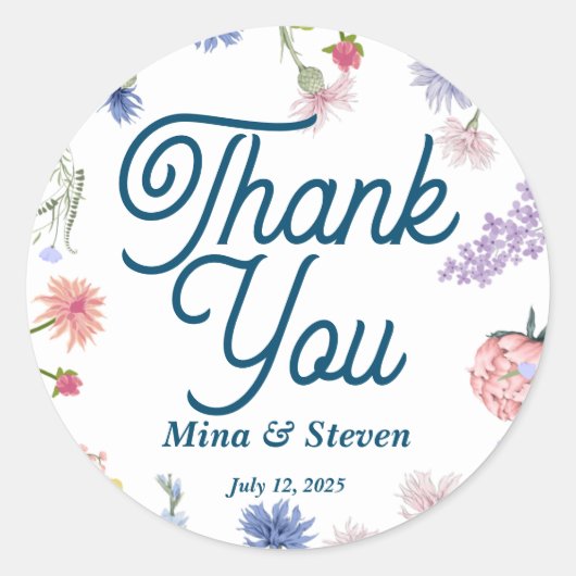 紫とピンクの野花ありがとうござ結婚う ラウンドシール (正面)
