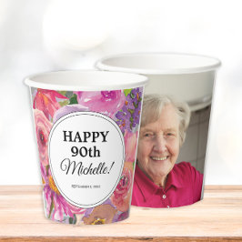 紫とピンクの野花 90歳の誕生日フォトデザイン 紙コップ