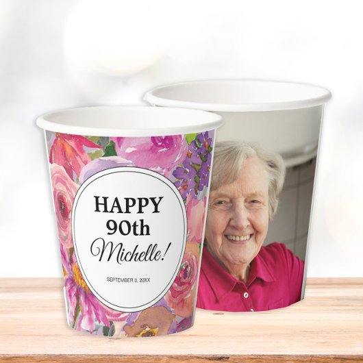 紫とピンクの野花 90歳の誕生日フォトデザイン 紙コップ