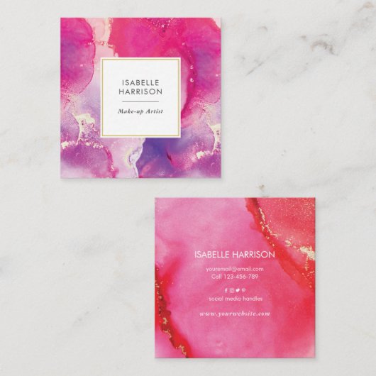 紫とピンクの金ゴールド水色の名刺 スクエア名刺 (正面/裏面)