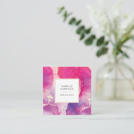 紫とピンクの金ゴールド水色の名刺 スクエア名刺 (スタンド正面)