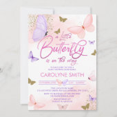 紫とピンクの金ゴールド蝶の赤ちゃんシャワー 招待状 (正面)