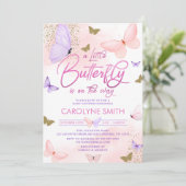 紫とピンクの金ゴールド蝶の赤ちゃんシャワー 招待状 (スタンド正面)