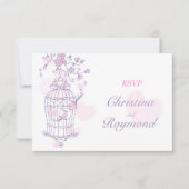 紫とピンクの鳥がケージの結婚返信カードを開く 出欠カード (正面)