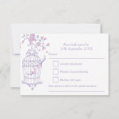 紫とピンクの鳥がケージの結婚返信カードを開く 出欠カード (裏面)