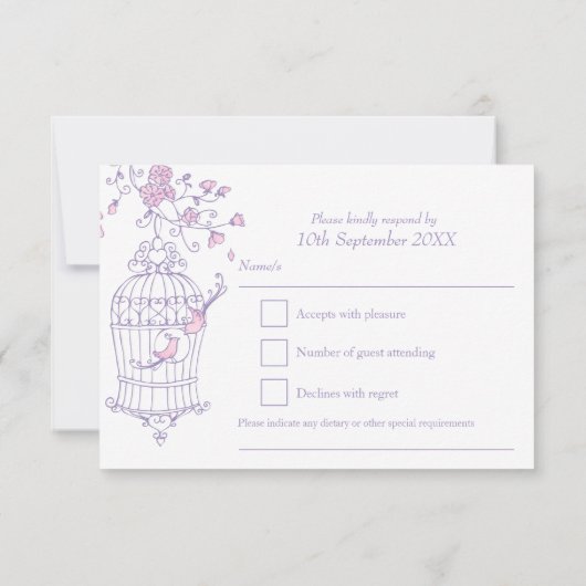 紫とピンクの鳥がケージの結婚返信カードを開く 出欠カード (裏面)