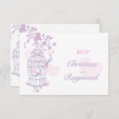 紫とピンクの鳥がケージの結婚返信カードを開く 出欠カード (正面/裏面)