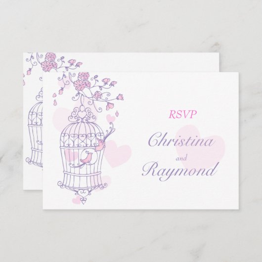 紫とピンクの鳥がケージの結婚返信カードを開く 出欠カード (正面/裏面)