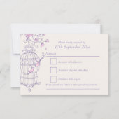 紫とピンクの鳥が開いたケージの結婚式の出欠確認 出欠カード (裏面)