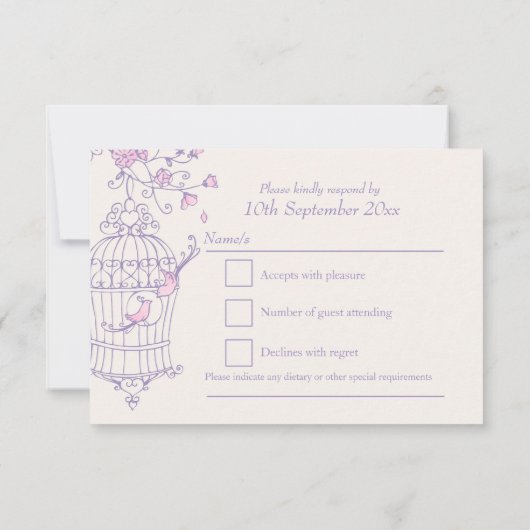 紫とピンクの鳥が開いたケージの結婚式の出欠確認 出欠カード (裏面)