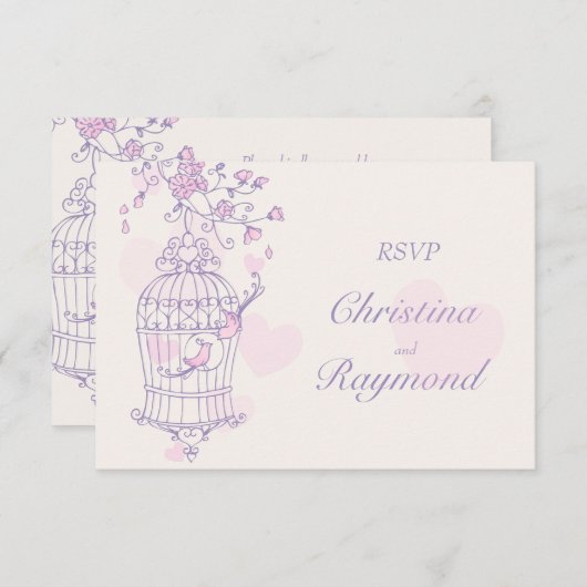 紫とピンクの鳥が開いたケージの結婚式の出欠確認 出欠カード (正面/裏面)