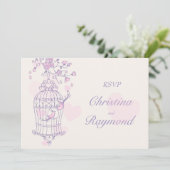 紫とピンクの鳥が開いたケージの結婚式の出欠確認 招待状 (スタンド正面)