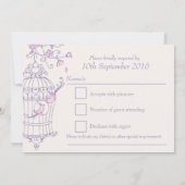 紫とピンクの鳥が開いたケージの結婚式の出欠確認 招待状 (裏面)