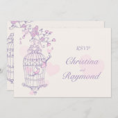紫とピンクの鳥が開いたケージの結婚式の出欠確認 招待状 (正面/裏面)
