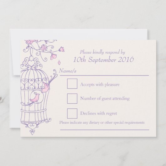 紫とピンクの鳥が開いたケージの結婚式　出欠確認 招待状 (裏面)