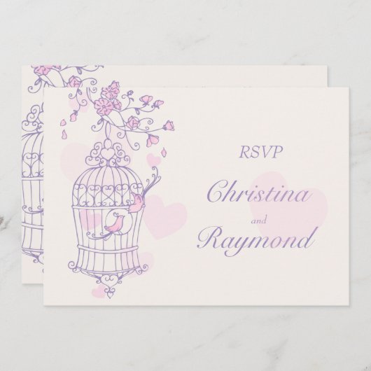 紫とピンクの鳥が開いたケージの結婚式　出欠確認 招待状 (正面/裏面)