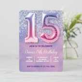 紫とピンクの15歳の誕生日バルーン 招待状 (スタンド正面)