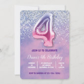 紫とピンクの4歳の誕生日バルーン 招待状 (正面)