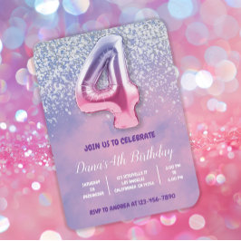 紫とピンクの4歳の誕生日バルーン 招待状