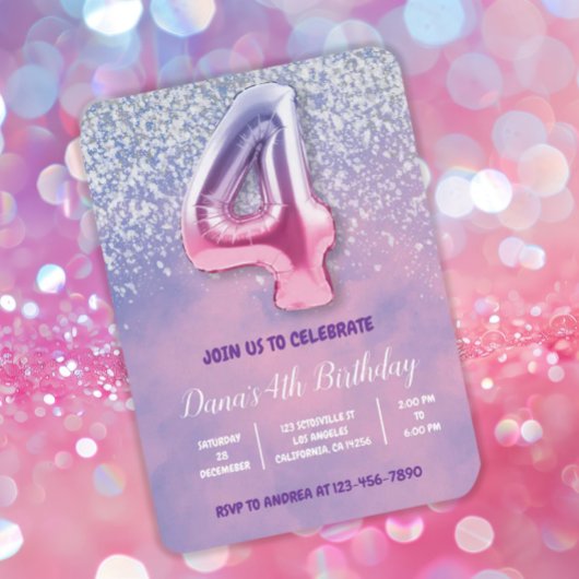 紫とピンクの4歳の誕生日バルーン 招待状