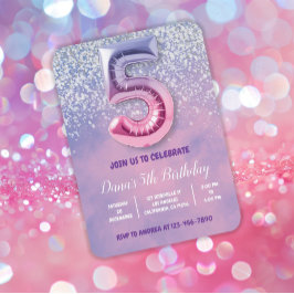 紫とピンクの5番目の誕生日バルーン 招待状