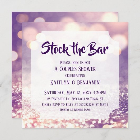 紫とピンクの《写真》ぼけ味、ストックバーカップルのシャワー 招待状 (正面/裏面)
