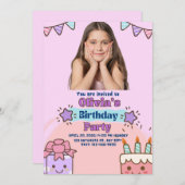 紫とピンクよくはしゃぐの子どもの誕生日パーティー 招待状 (正面/裏面)