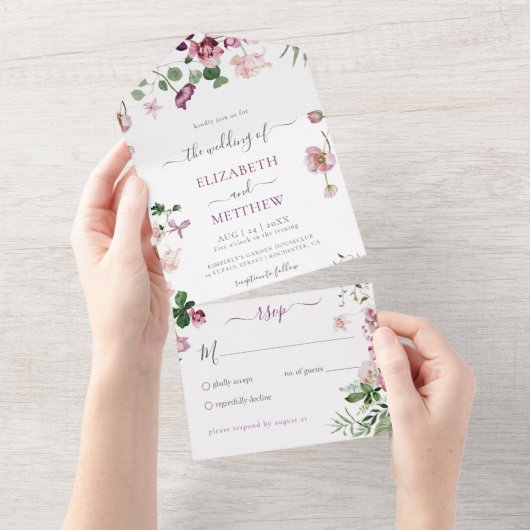 紫とピンク結婚の全てを一つの招待状 オールインワン招待状 (貼ってはがせる)