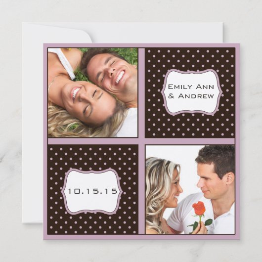 紫とピンク結婚の写真日付を保存 招待状 (裏面)