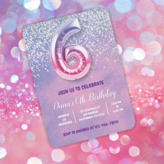 紫とピンク6番目の誕生日バルーン 招待状
