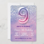 紫とピンク9番目の誕生日バルーン 招待状 (正面)