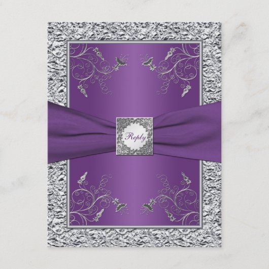 紫とフェイクシルバーフォイルの花柄返信カード 出欠カード (正面)