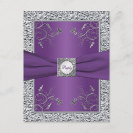 紫とフェイクシルバーフォイルの花柄RSVPカード 出欠カード