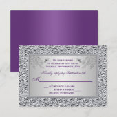 紫とフェイクシルバーフォイルの花柄RSVPカードII 出欠カード (正面/裏面)