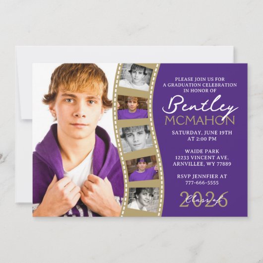 紫とブロンズの写真フィルムストリップ卒業コラージュ 招待状 (正面)