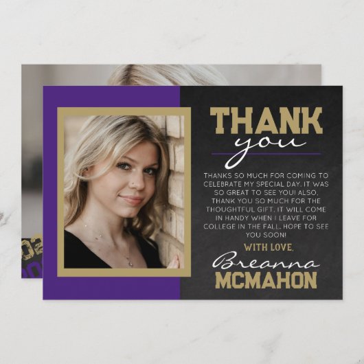 紫とブロンズの卒業写真サンキューカード 招待状 (正面/裏面)
