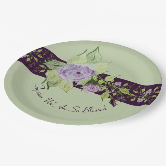 紫とムーヴでアクセントを付けたバラ ペーパープレート (アングル)