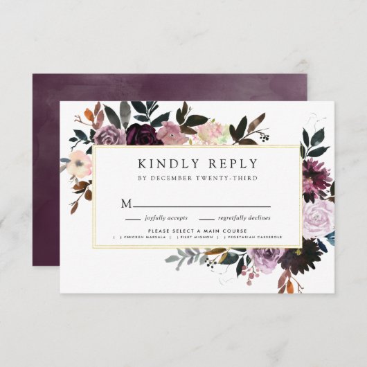 紫とメイブピンクフローラ秋結婚の 出欠カード (正面/裏面)