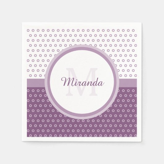 紫とモダン白の水玉模様モノグラム スタンダードカクテルナプキン (正面)