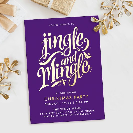 紫とモダン金ゴールドの書のスクリプト 箔招待状