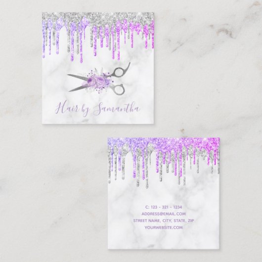 紫とモダン銀のグリッタードリップ大理石の髪 スクエア名刺 (正面/裏面)
