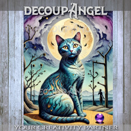 紫とモダン青のデコパージュに登場する猫と月 薄葉紙