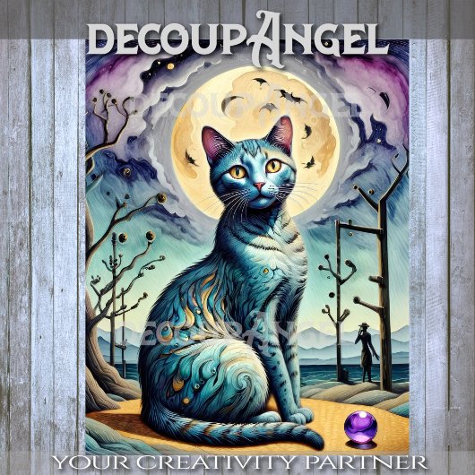 紫とモダン青のデコパージュに登場する猫と月 薄葉紙