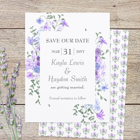 紫とライトブルーのバラ結婚式の日付を保存 招待状